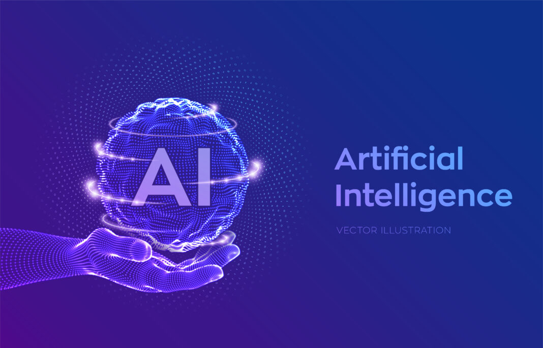 ai. artificial intelligence logo in hand. artificial intelligence and machine learning concept. sphere grid wave with binary code. big data innovation technology. neural networks. vector illustration.
