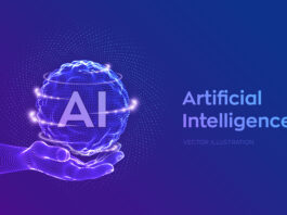 ai. artificial intelligence logo in hand. artificial intelligence and machine learning concept. sphere grid wave with binary code. big data innovation technology. neural networks. vector illustration.